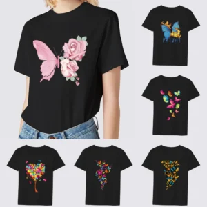 Women's Clothing Black T-shirt Casual Tops Cartoon Color Butterfly Print Series Round Neck Ladies Slim Commuter Short Sleeve Top