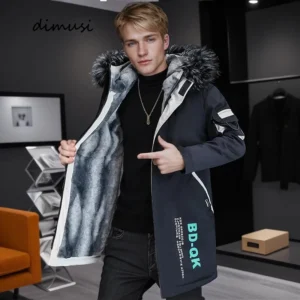 DIMUSI Winter Men's Mid-Long Parkas Coats Male Thermal Hooded Jackets Men Classic Fur Collar Fleece Liner Padded Jacket Clothing