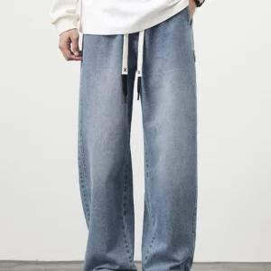 2024 New Wide Leg Jeans Men Plus Size 8XL 7XL 6XL Solid Color Drawstring Straight Denim Pants Casual Baggy Jeans Trousers Male
