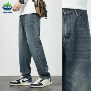 High Quality Cozy Cotton Fabric Men's Jeans Straight Denim Pants High Street Streetwear Korea Retro Blue Trousers Dropshipping