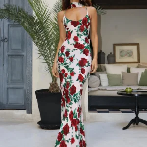 Mozision Halter Backless Print Sexy Maxi Dress For Women Gown Elegant Sleeveless High Waist Evening Club Party Long Dress