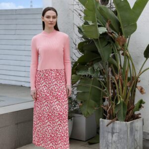 AP 2025 Spring and Summer Women Pink Pattern Satin Slip Dress Knitting V-neck Sweater Sweet Style Clothing