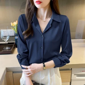 New Spring satin shirts solid color office ladies shirts fashion Women Blouses Long Sleeve Tops Blusas Mujer