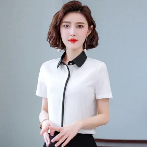 Summer New Women'S Short Sleeved Patchwork Temperament Chiffon Shirt Korean Fashionable Versatile Lapel Professional Top Female