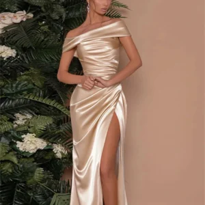 Ladies Autumn Elegant Evening Party Dress Women Satin Sleeveless Backless Side Slit Ruched Maxi Dresses Clubwear Fall Outfits