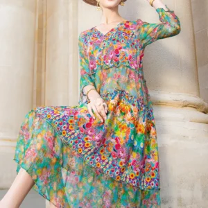 High Quality Summer 2023 Beach Boho Vintage Print Chiffon V Neck Dress Elegant Party Robe Designer Vestidos Loose Midi Dresses