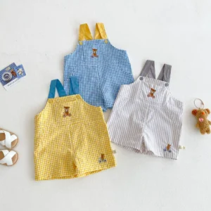 2025 New Summer Kids Checkered Overalls Unisex 98% Cotton with Bear Embroidery Toddler Boys Girls Casual Pants