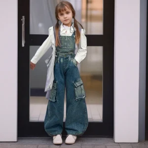 2025 Spring/Autumn Girls Denim Overalls Trendy Detachable Wide-Leg Jeans for Kids Stylish Versatile Casual Two Wear Trousers