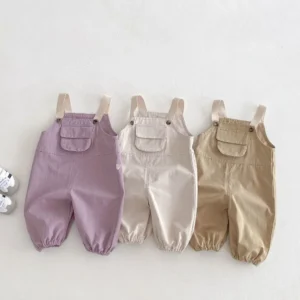 2025 New Kids Overalls 0-5Years Childrn Boy Girl Solid Color Pocket Jumpsuit Cargo Suspender Pant Fashion Bottom Spring Clothes