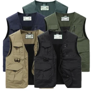 2024 Men Spring Sleeveless Many Pocket Stand Collar Vest Jackets Men Solid Color Outdoors Fishing Cargo Casual Vest Jackets Male