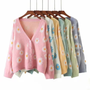 Kpytomoa Femme Fashion Print Soft Sweater Ladies Full Sleeve Floral Single Little Daisy V-Neck Pull Oversize Cardigan Streetwear
