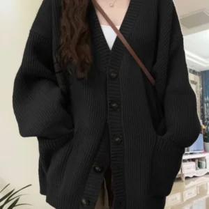 Loose Cardigan Women Long Sleeve V-neck Knitted Black Slouchy All-match Female Autumn Winter Coats Korean Style Chic Baggy Tops