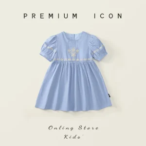 Girls' embroidered dress 2025 summer dress children's French sky blue bubble short sleeved princess dress