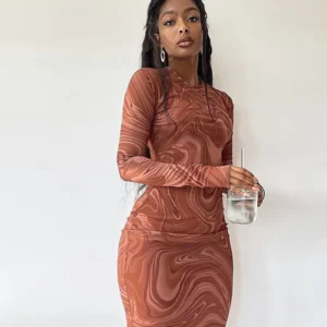 Long Sleeve Bodycon Dresses For Women Evening Party Clothes O-neck Mid Calf Sexy Vestidoes De Mujer One Piece Outfits Streetwear