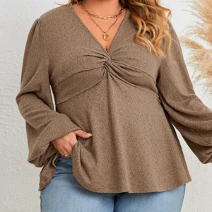 GIBSIE Plus Size Casual V Neck Twist Front Peplum Top Women Fashion 2023 Autumn New Vintage Full Lantern Sleeve Tunic Blouse
