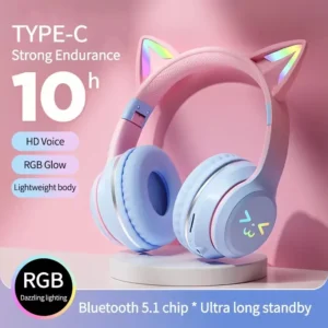 Flash Light Pink Cute Cat Ear Headphones Wireless Bluetooth Earphone Over-ear Noise Cancelling Folding Headset Girl Gift Earbuds