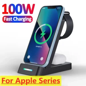 100W Wireless Charger 3 in 1 Stand Pad for iPhone 15 14 13 12 X 8 Airpods Apple Watch iWatch Fast Wireless Charging Dock Station