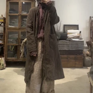 Women Vintage Cotton Linen Trench Turn-down Collar Long Coats Solid Color Loose Original Pockets 2025 New Autumn Spring Trench