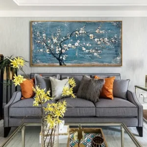 Large Teal Plum Blossom Canvas Wall Art - Premium Framed Floral Prints for Living Room & Bedroom - Eye-Catching Home Decor, Read