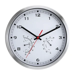 Battery Operated Wall Clock with Silent Movement and Temperature Humidity Display 10 Inch Aluminum Frame Design