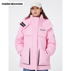 Metersbonwe Women's Jacket Puffer 90 White Duck Down Waist Drawstring Cargo Jackets Hooded Thickened Sporty Warm Wear Winter