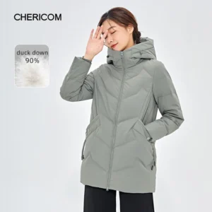 Chericom Down Jacket Women Winter Hooded Mid Long Duck Down Thick Warm Padded Coat Loose Versatile Commute Puffer Jackets 289193