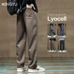 Brand Clothing New Soft Lyocell Fabric Pants Men Thick Loose Straight Drawstring Elastic Waist Korea Casual Cargo Trousers Male