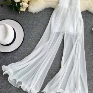 ZOKI Women Flare Pants Loose Gauze Elastic High Waist Ruffle Chiffon Ladies Trousers Fashion Black White Summer Female Pants New