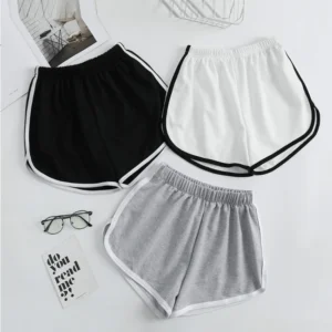 Striped Sports Shorts for Women, Simple Loose Shorts, Casual Slimming Short for Ladies, High Waisted, Monochrome, Summer Fashion