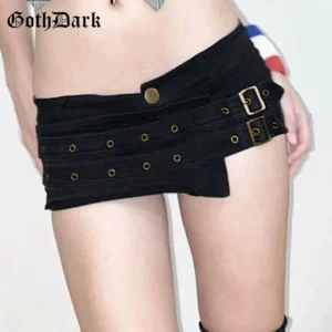Goth Dark Punk Style Metal Buckle Ultrashort Pants Mall Goth Low Waist Skinny Shorts Cyber Y2K Streetwear Women Alt Hot Pants