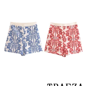 TRAFZA Vintage Casual Chic Women Shorts Embroidery Paisley Zipper Loose Shorts New Fashion 2024 Autmn Streetwear Shorts