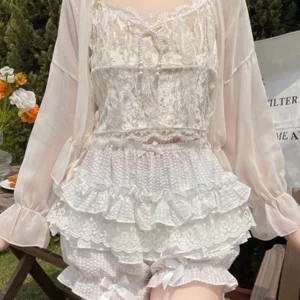 Women s Fashion Bloomers Shorts Lace Layered Ruffle Bowknot Elastic Waist Short Pants Summer Casual Shorts