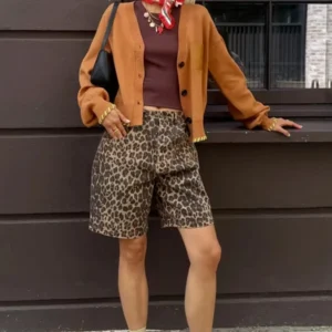 Wolfeel Retro Leopard Print Shorts Women Fashionable High Waisted Knee Casual Pants New Street Style Female Pocket Loose Shorts