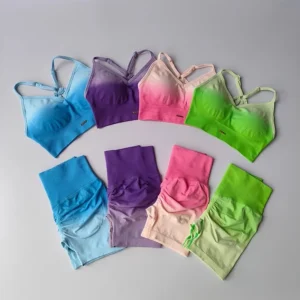 2 Pcs Seamless Gradient Yoga Suit Workout Sports Bra + High Waist Gym Shorts Sport Set Fashion Shorts Sets Sportswear Female