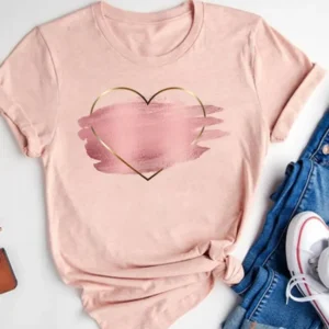 Watercolor Love Heart Sweet Fashion Short Sleeve Print T Shirt Tee Basic Clothing Summer Top Graphic T-shirt Women Clothes