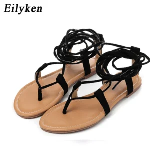 Eilyken Designer Ankle Strappy Flat Heels Women Sandals 2025 Summer Clip Toe Casual Roman Gladiator Flip Flops Shoes