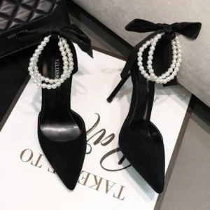 Black Women's Pumps   Summer New Brand Design String Bead Pearls Wedding Bridal High Heels Sexy Pointed Toe Party Dance Shoes