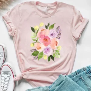 Sweet Watercolor Flower 90s Clothing Short Sleeve Tee Top Summer Graphic T Shirt Women Fashion Casual Female Print T-shirt