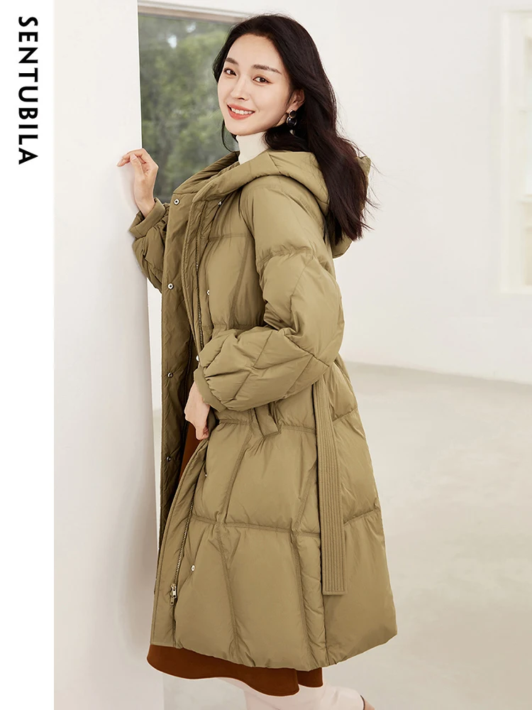 SENTUBILA Women's Winter Puffer Down Jacket Women 2024 Hooded Lantern Sleeve Windproof Mid-Length Down Coats Ladies W44Y58448X - Image 2