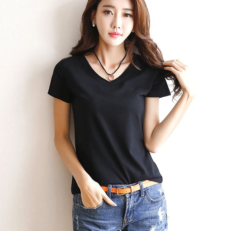 2024 Short T-Shirts Summer Women's Short Sleeve Round Neck Casual Blouse Shirts Solid Color Tops Black / White - Image 2