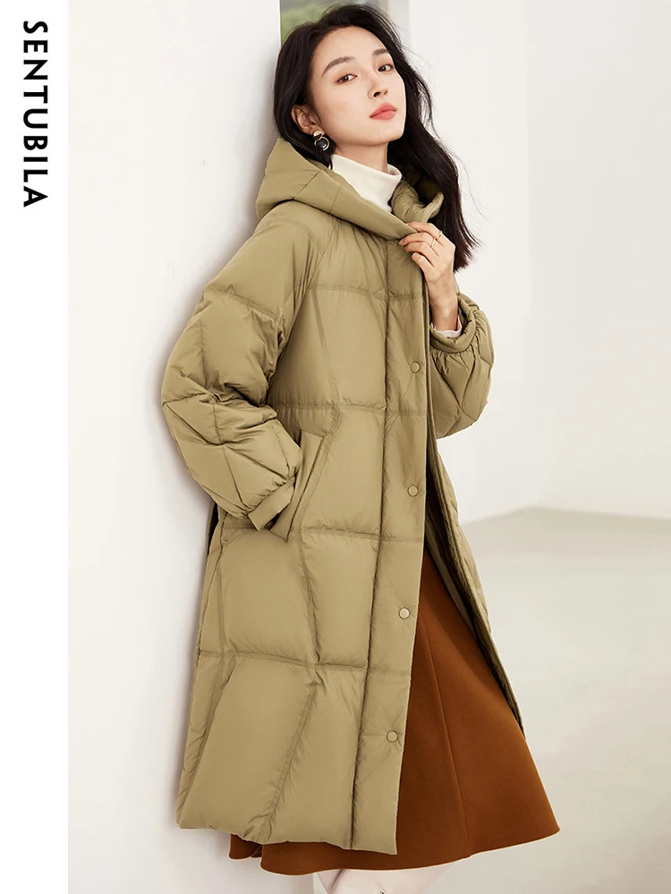 SENTUBILA Women's Winter Puffer Down Jacket Women 2024 Hooded Lantern Sleeve Windproof Mid-Length Down Coats Ladies W44Y58448X - Image 3