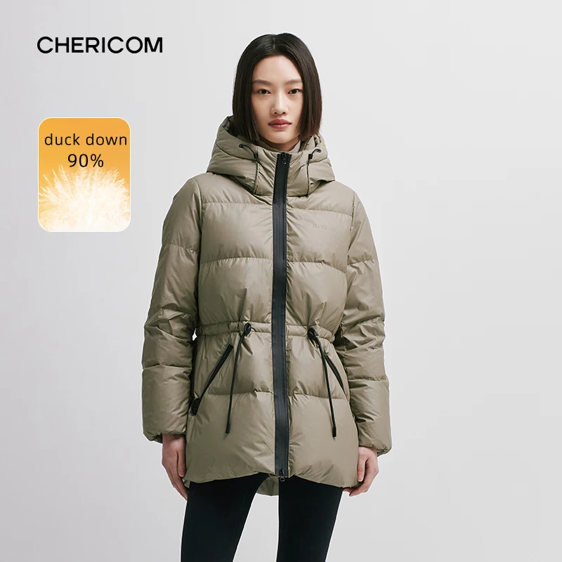 Chericom Women's Winter Down Jacket Mid Long Padding PU Leather Skinny Thick New Duck Down Solid Hooded Puffer Jacket 298097 - Image 2