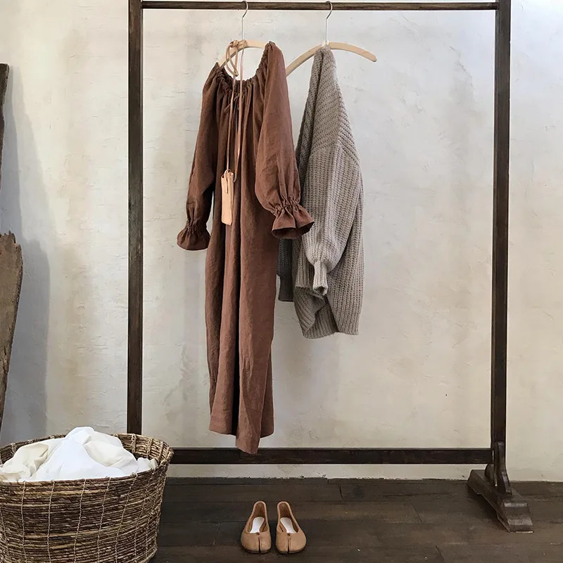 2024 New Spring 100% Cotton Dress for Women Solid Long Sleeve Drawstring Office Lady Elegant Maxi Dress - Image 3